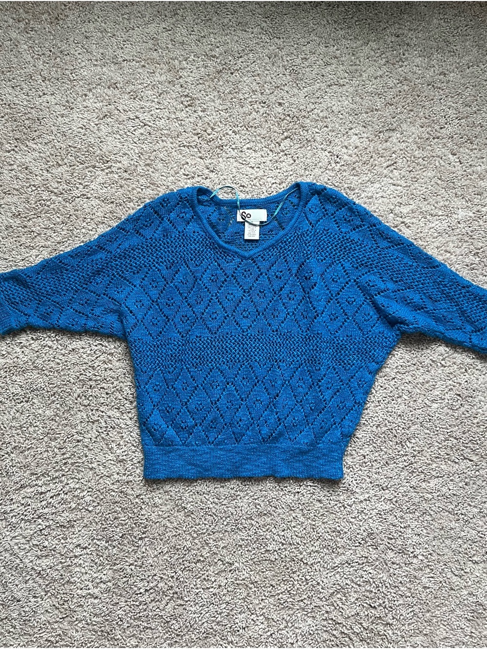 SO Vibrant Blue Open-Knit Diamond-Pattern Crew Neck Sweater